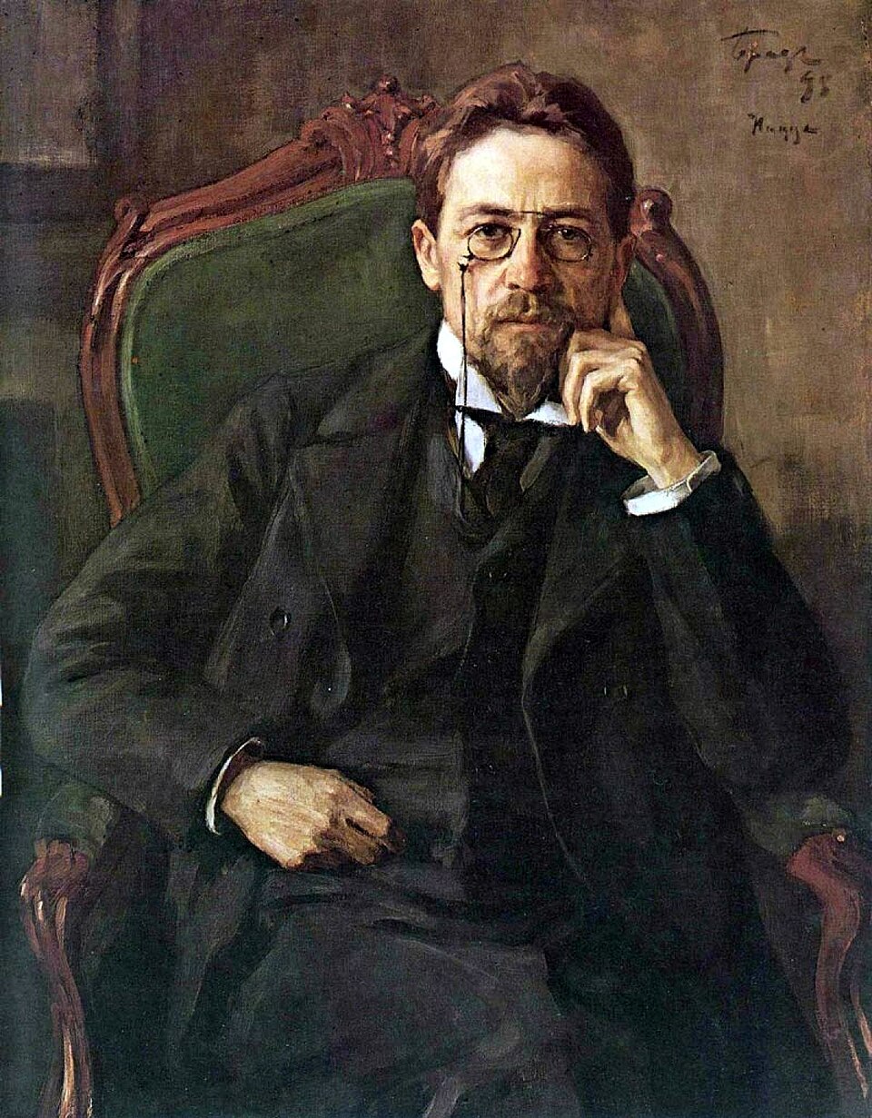 Painting. Chekhov in a green upholstered chair.