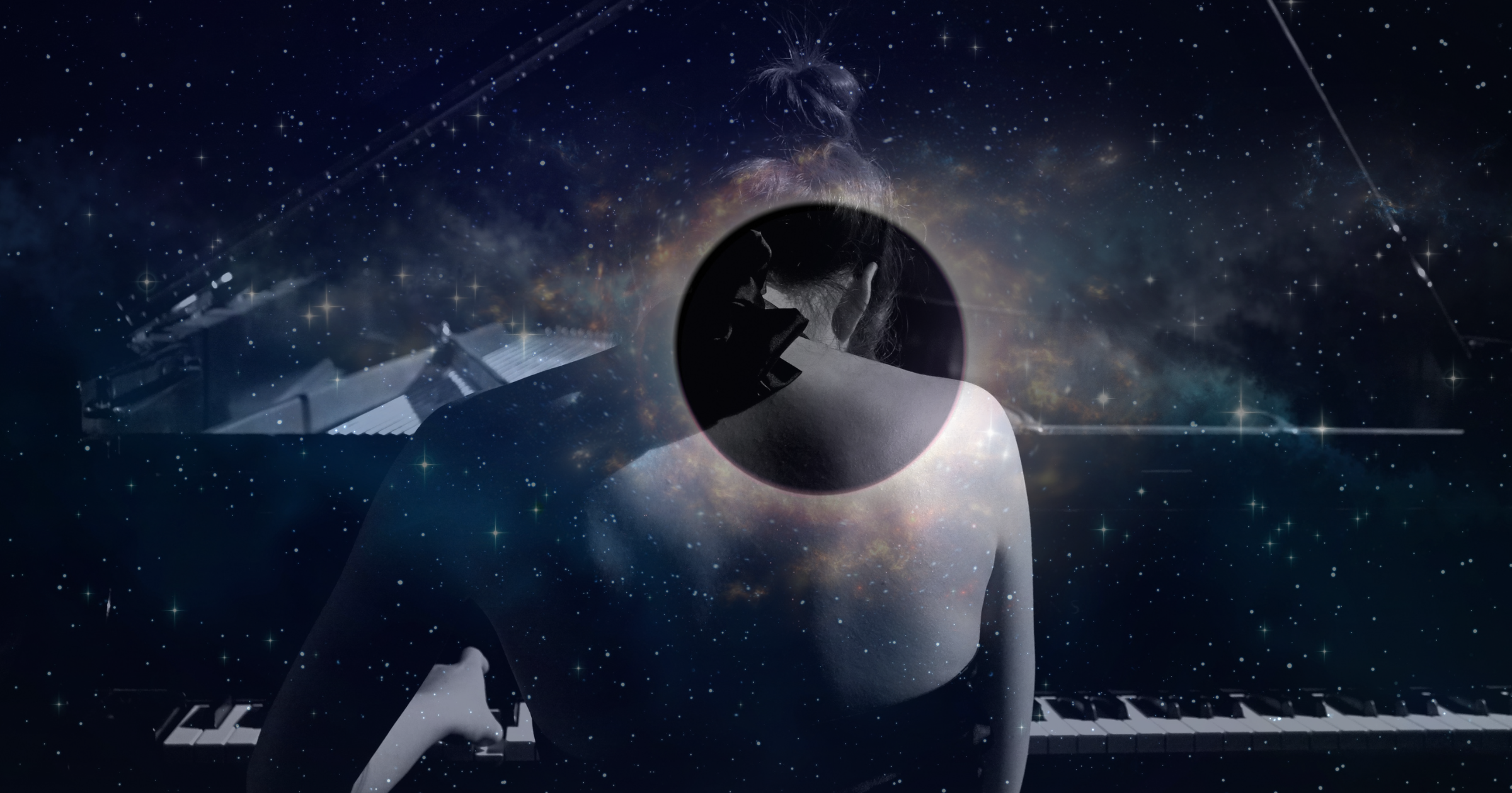 A pianist superimposed upon a supermassive black hole